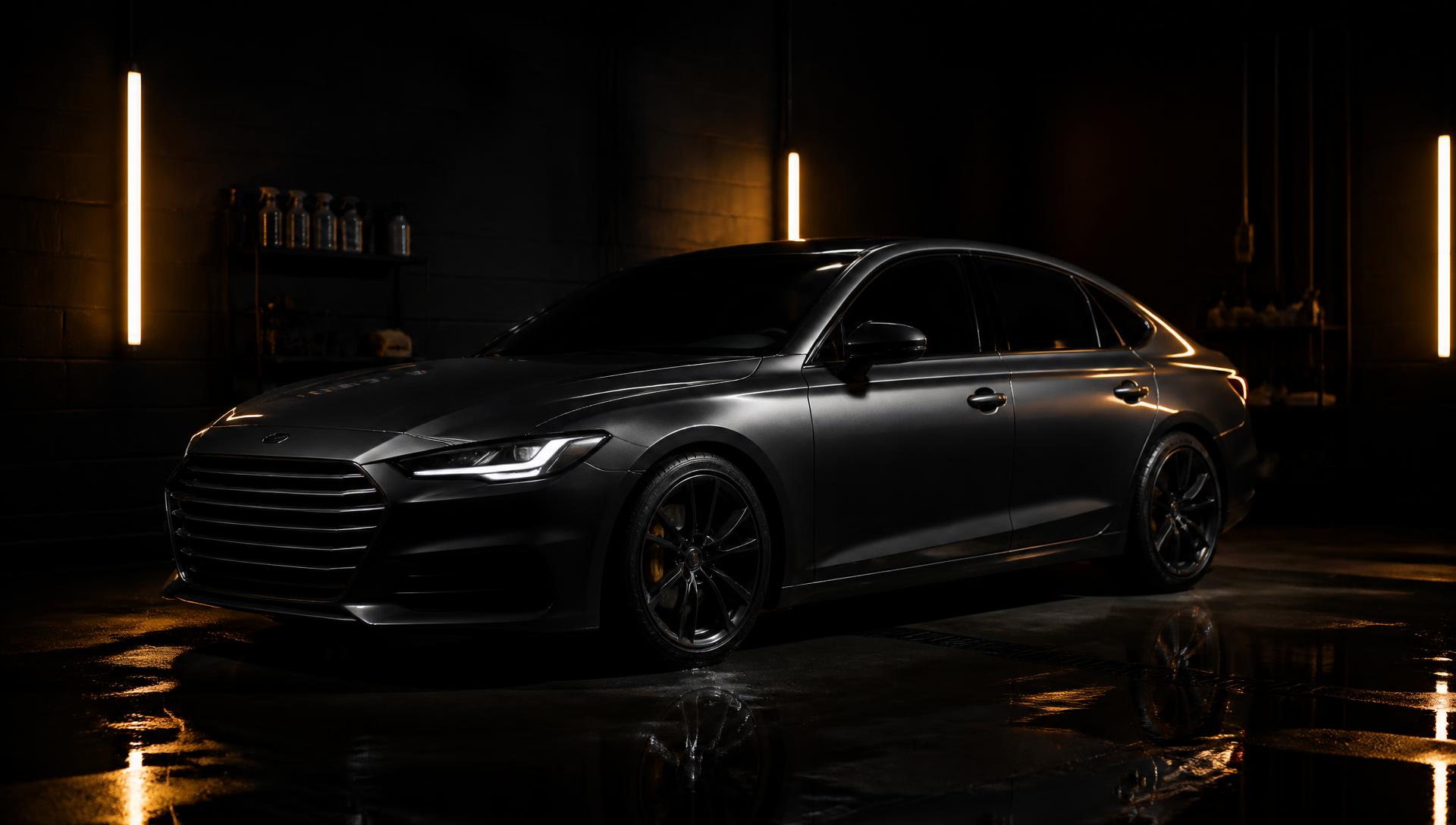 Veículo em oficina automotiva com iluminação âmbar